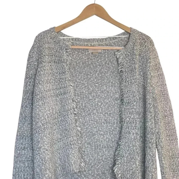 Ann Taylor LOFT Women's Sweater Blue White Fringe Open Front Cardigan Petite LG - Picture 1 of 9